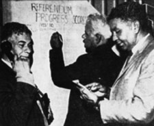 Report on the Referendum results includes a photograph of George Abdullah, Jack Davies and Charles Pell recording the progress of the vote at the Aboriginal Centre in Beaufort Street, Perth, May 29 1967. Reproduced courtesy of The West Australian Newspapers Ltd.