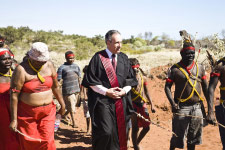 Native title holders lead Justice North to the site for the delivery of the Determination, Eighty Mile Beach (Nyiyamarri Pukurl) WA, 2009