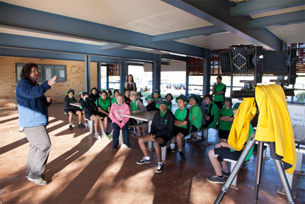 Project Coordinator Wendy Wood talks to South Newman Primary School students about the large format camera used to create the portraits