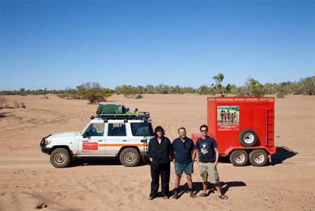 The Marnti warajanga touring team Wendy Wood, John Wayte and Tobias Titz on the road to Yandeyarra